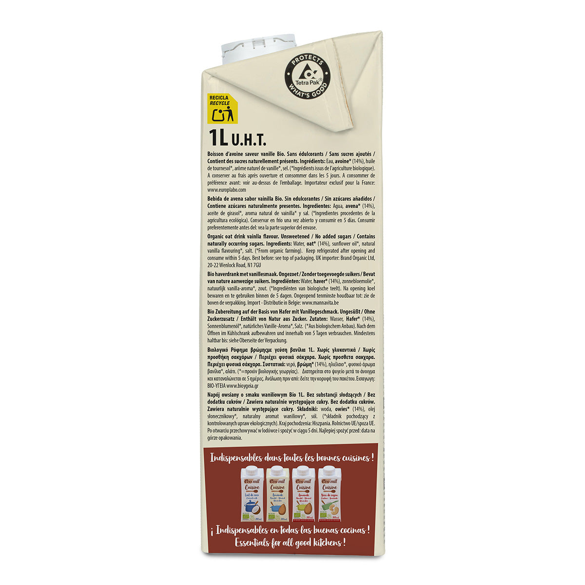 Bebida de Avena Vanilla Sin azúcar Bio Ecomil 1 L