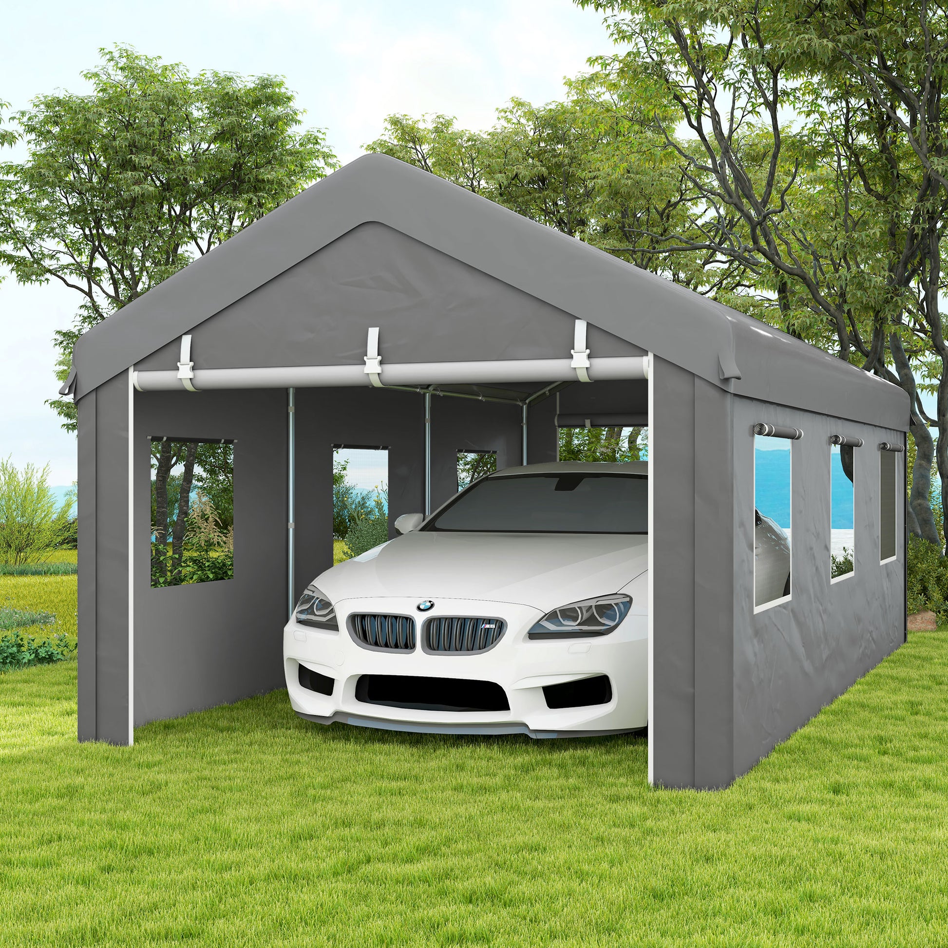 Outsunny Carpa Garaje 6x3 M Impermeable Con Paredes Laterales Desmontables Gris_1