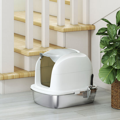 Pawhut Arenero Para Gatos De Acero Inoxidable Xl Con Tapa Abatible Pala Blanco_4