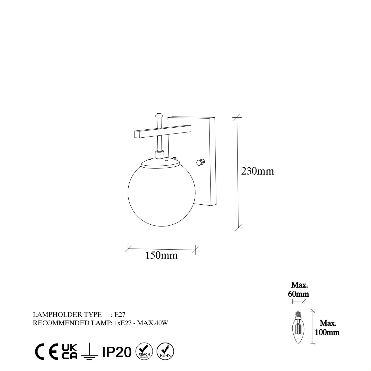 Aplique De Pared Pantalla Blanca, Metal , Negro, 15x20x15, Casquillo E14 Max 40 W_1