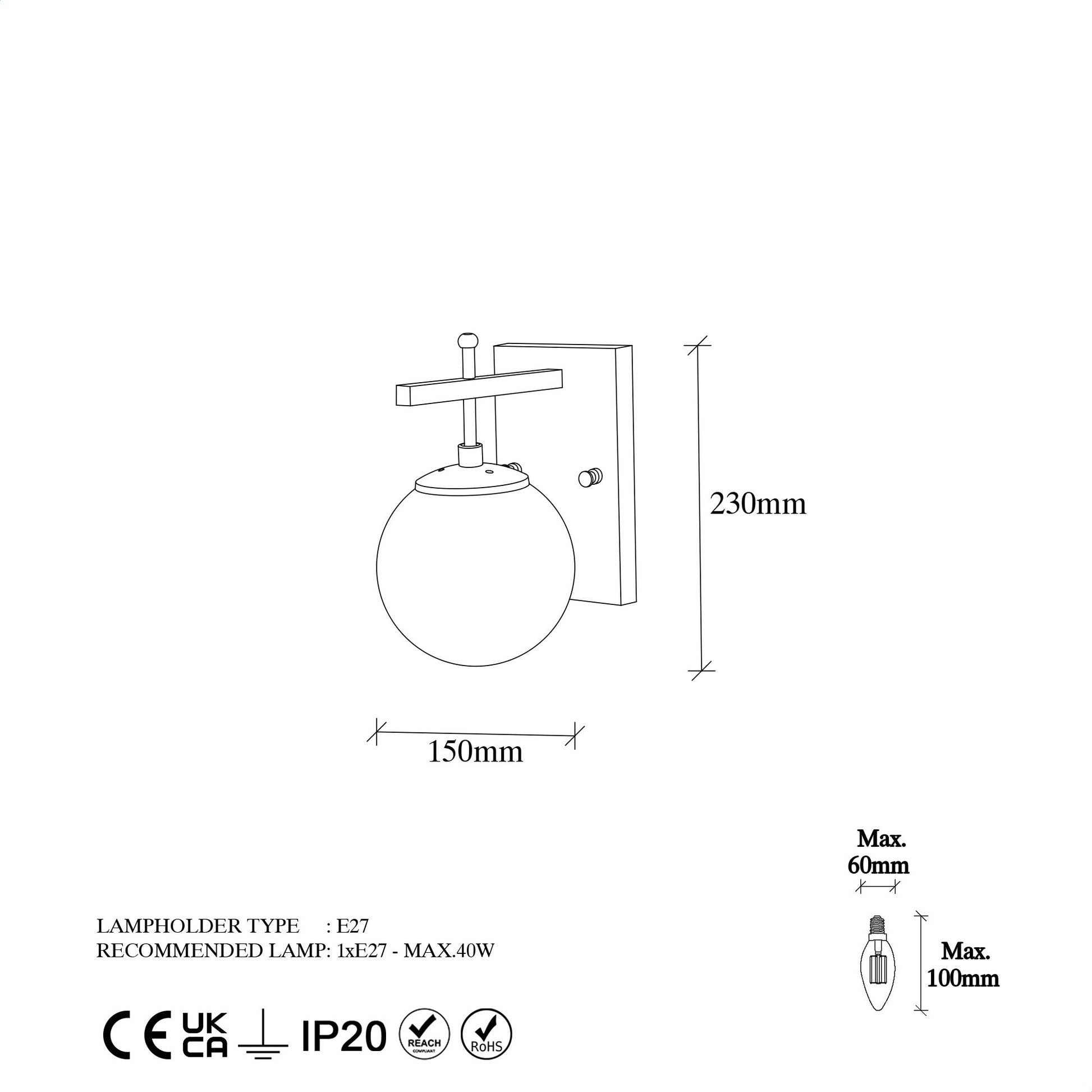 Aplique De Pared Pantalla Blanca, Metal , Negro, 15x20x15, Casquillo E14 Max 40 W_1