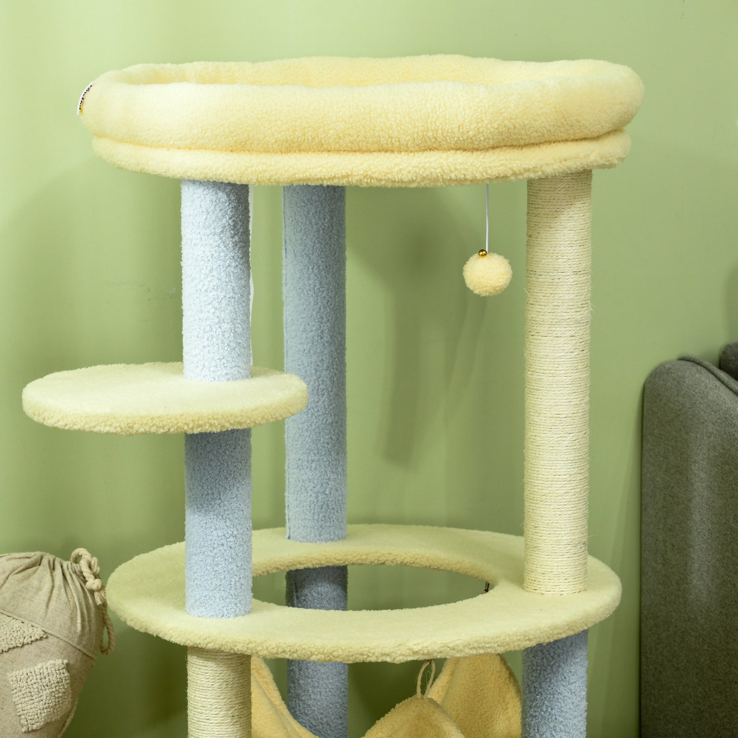 Pawhut Árbol Rascador Para Gatos Mediano 110 Cm Ø58x110 Cm Amarillo Y Azul_4