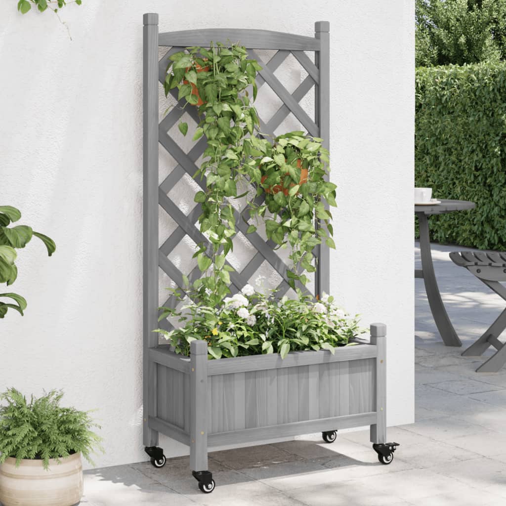 Jardinera Con Enrejado Y Ruedas Madera Maciza De Abeto Gris_1