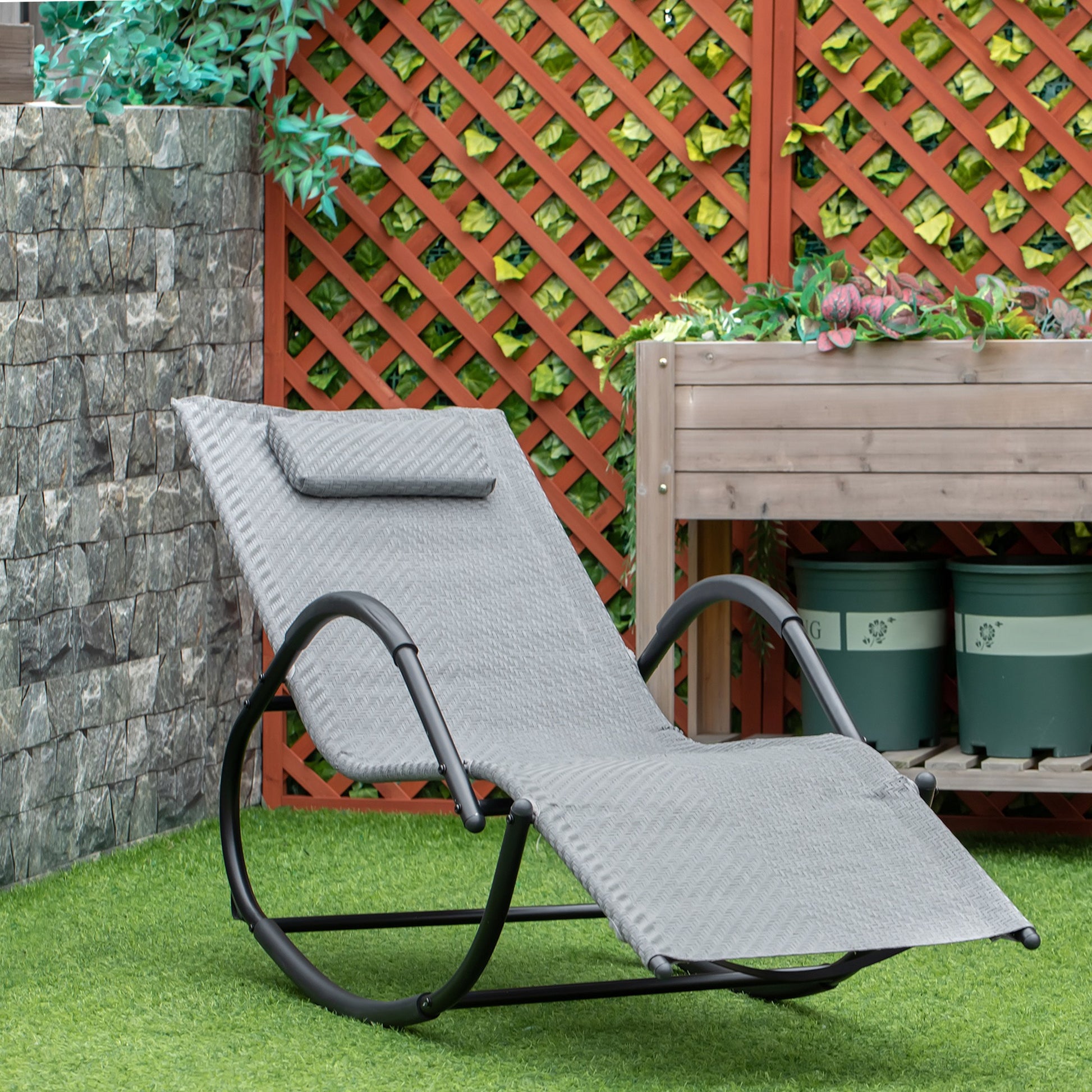 Outsunny Tumbona Mecedora De Exterior Con Reposabrazos Y Reposacabezas Gris_1