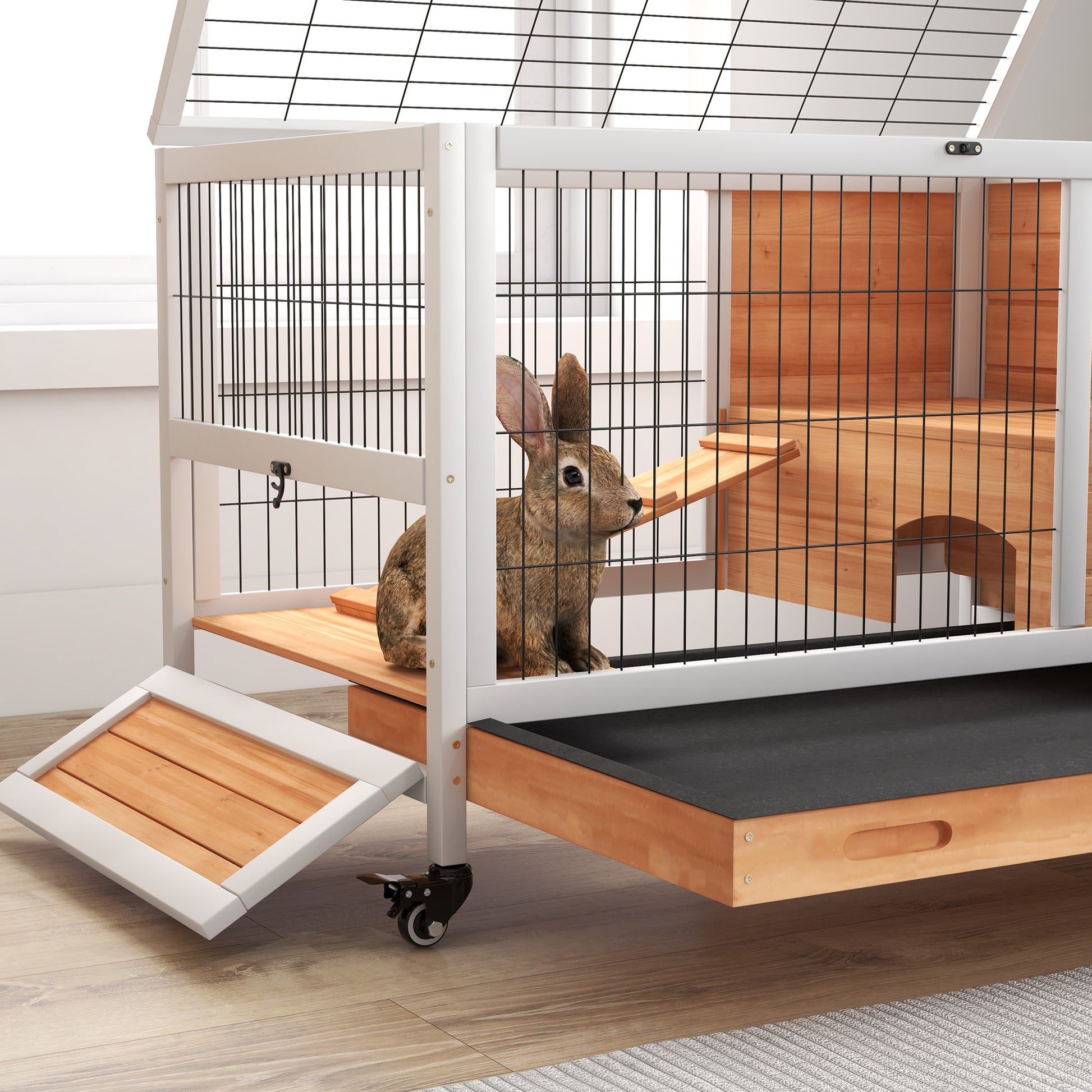 Pawhut Jaula Para Conejos De Madera 90x53x59cm Techo Abrible Rampa Bandeja_3