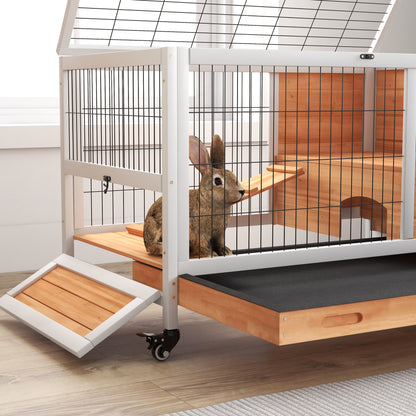 Pawhut Jaula Para Conejos De Madera 90x53x59cm Techo Abrible Rampa Bandeja_3