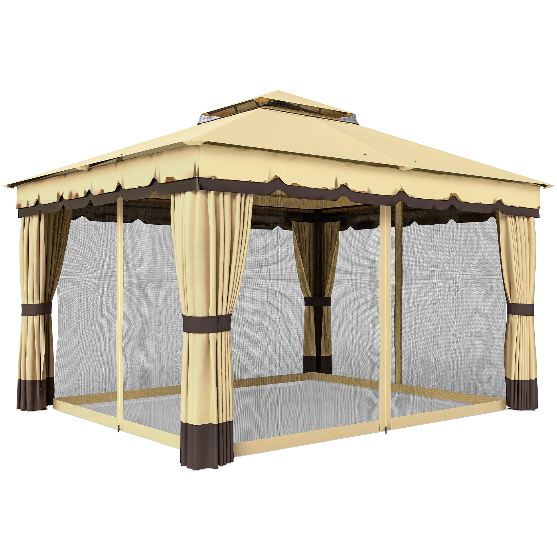 Outsunny Cenador De Jardín 3,7x3 M Con Doble Techo 4 Cortinas Y Mosquitera Beige_0