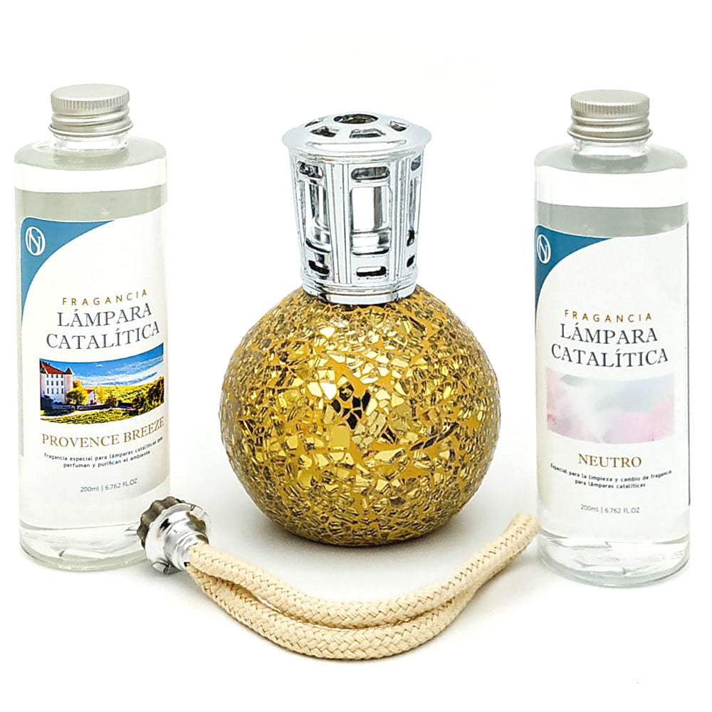Pack Ahorro Lámpara Catalítica Mosaico Dorado + Aroma Provence Breeze 200ml + Limpiador Neutro 200ml + Mecha Repuesto_0