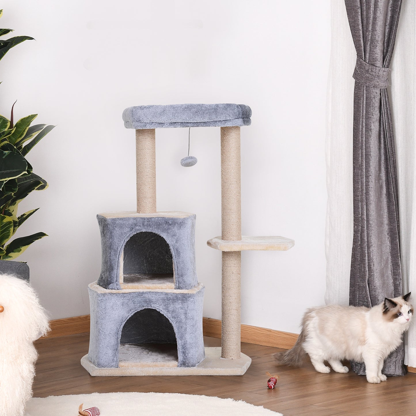 Pawhut Árbol Rascador Para Gatos De 92 Cm Con 2 Cuevas Bola Colgantes Gris_1
