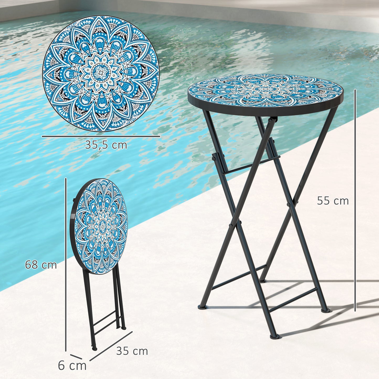 Outsunny Mesa Auxiliar Redonda Plegable Con Encimera De Mosaico Azul_2