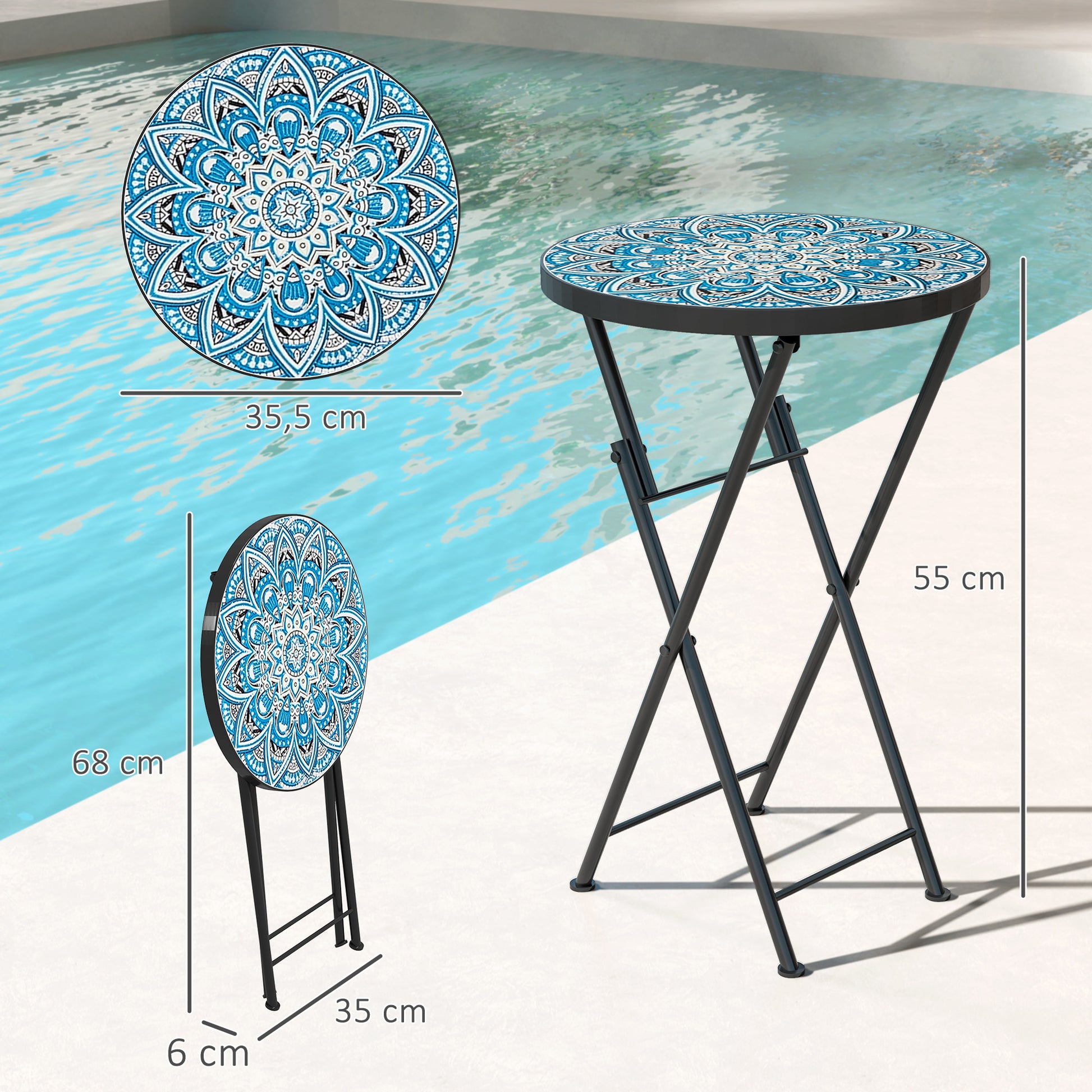 Outsunny Mesa Auxiliar Redonda Plegable Con Encimera De Mosaico Azul_2