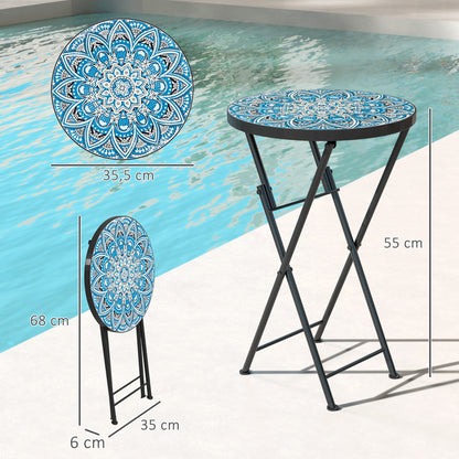 Outsunny Mesa Auxiliar Redonda Plegable Con Encimera De Mosaico Azul_2