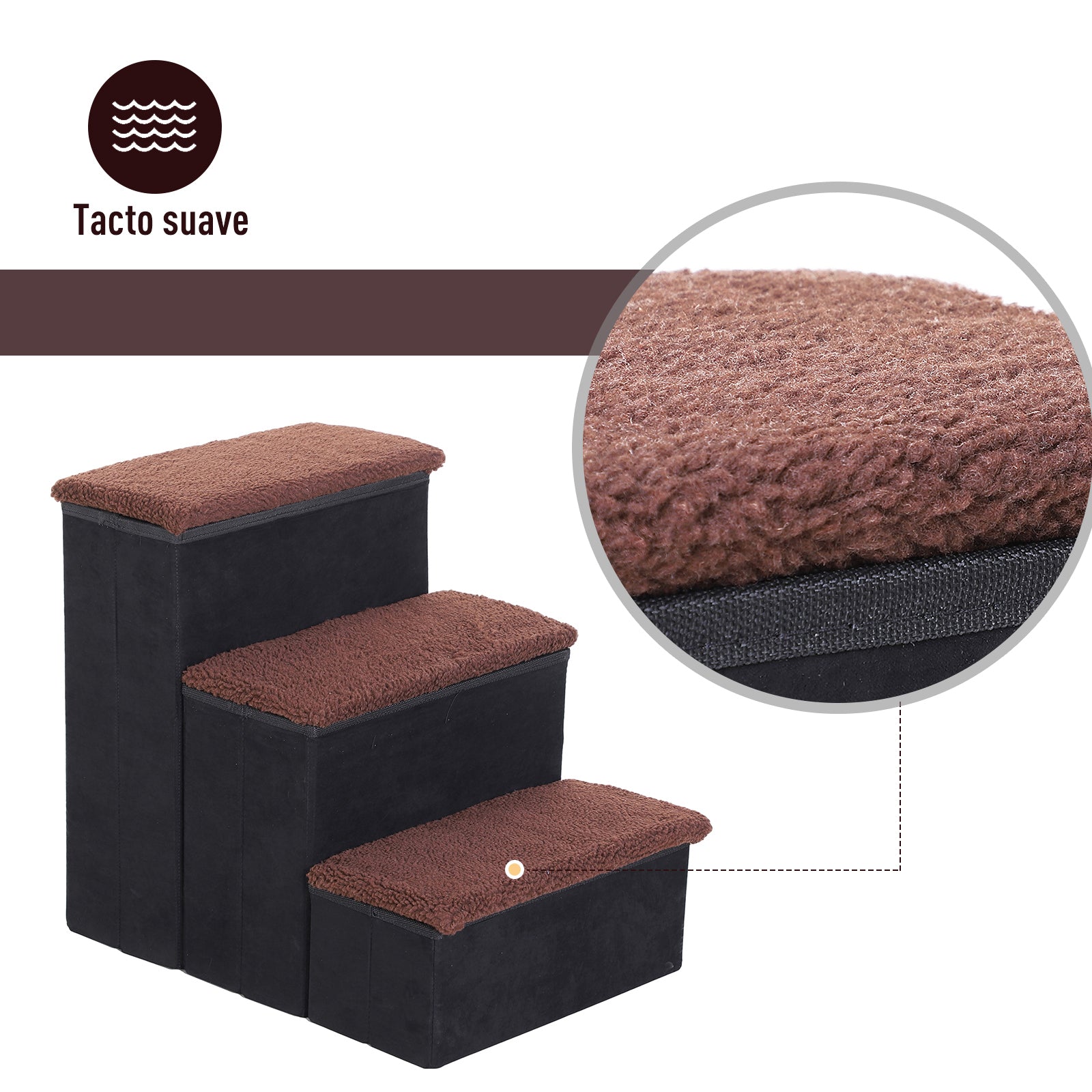 Escalera Para Mascotas 3 Peldaños Plegable Con Tapas Abatibles 40x54x48cm Negro_3