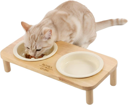 Comedero Bebedero Para Gatos Cala Blanca De Cerámica Y Bambú 2 En 1 Althea Living 38x20x13.5cm_1