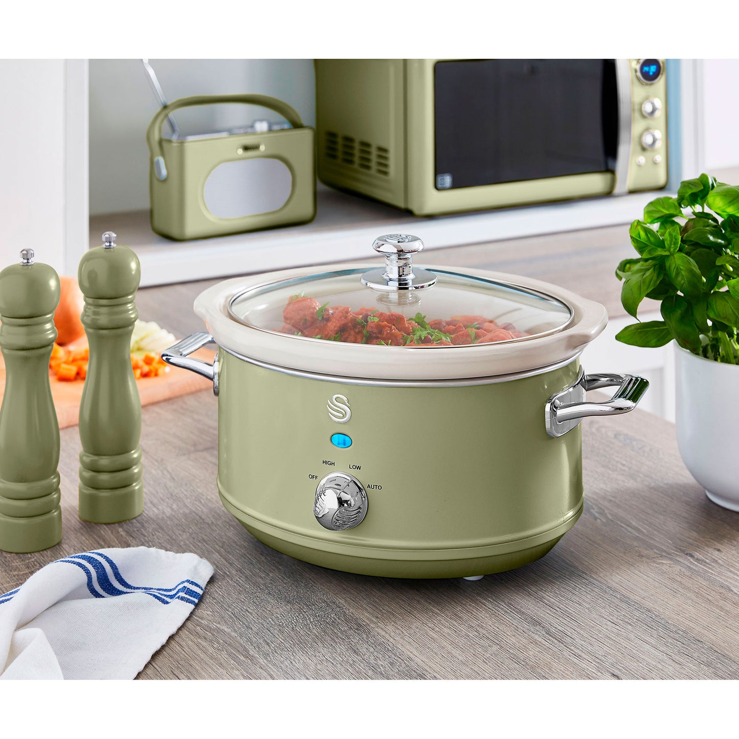 Swan Retro Olla Cocción Lenta, 3,5l, Recipiente Extraíble Antiadherente Cerámica Libre Pfoa, Vintage, Sf17021gneu, Verde_1