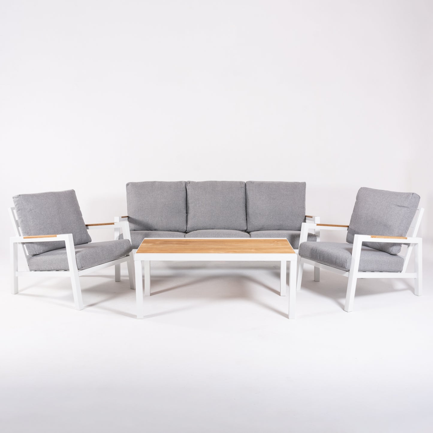 Conjunto De Sofás De Jardín, Mesa De Aluminio Con Tablero De Madera + 2 Sillones + 1 Sofá De 3 Plazas, Color Blanco_2