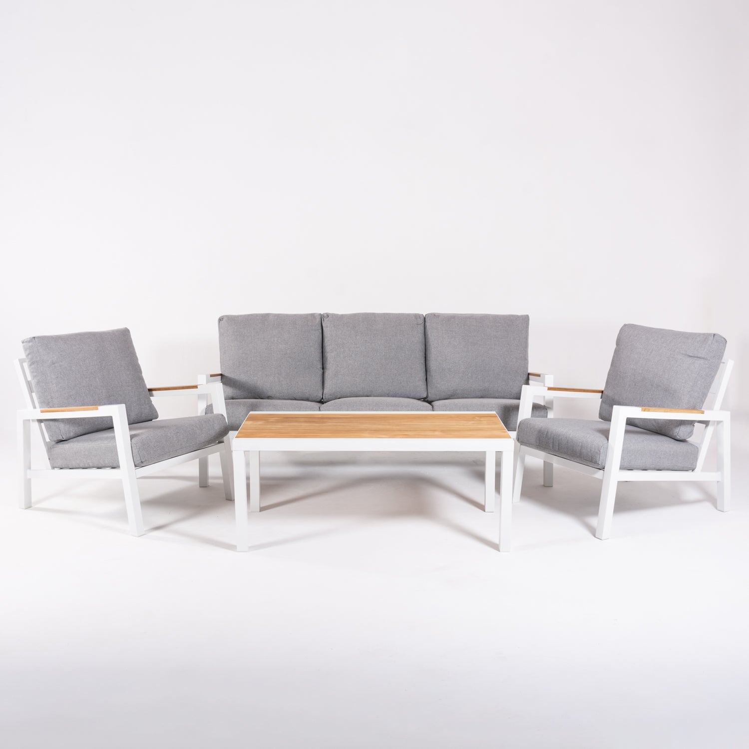 Conjunto De Sofás De Jardín, Mesa De Aluminio Con Tablero De Madera + 2 Sillones + 1 Sofá De 3 Plazas, Color Blanco_2