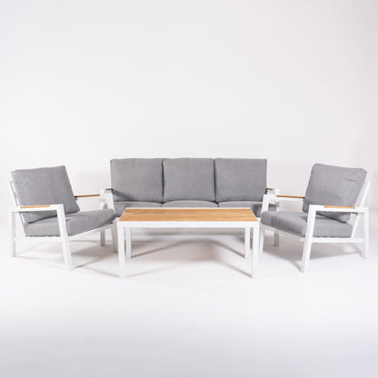 Conjunto De Sofás De Jardín, Mesa De Aluminio Con Tablero De Madera + 2 Sillones + 1 Sofá De 3 Plazas, Color Blanco_2
