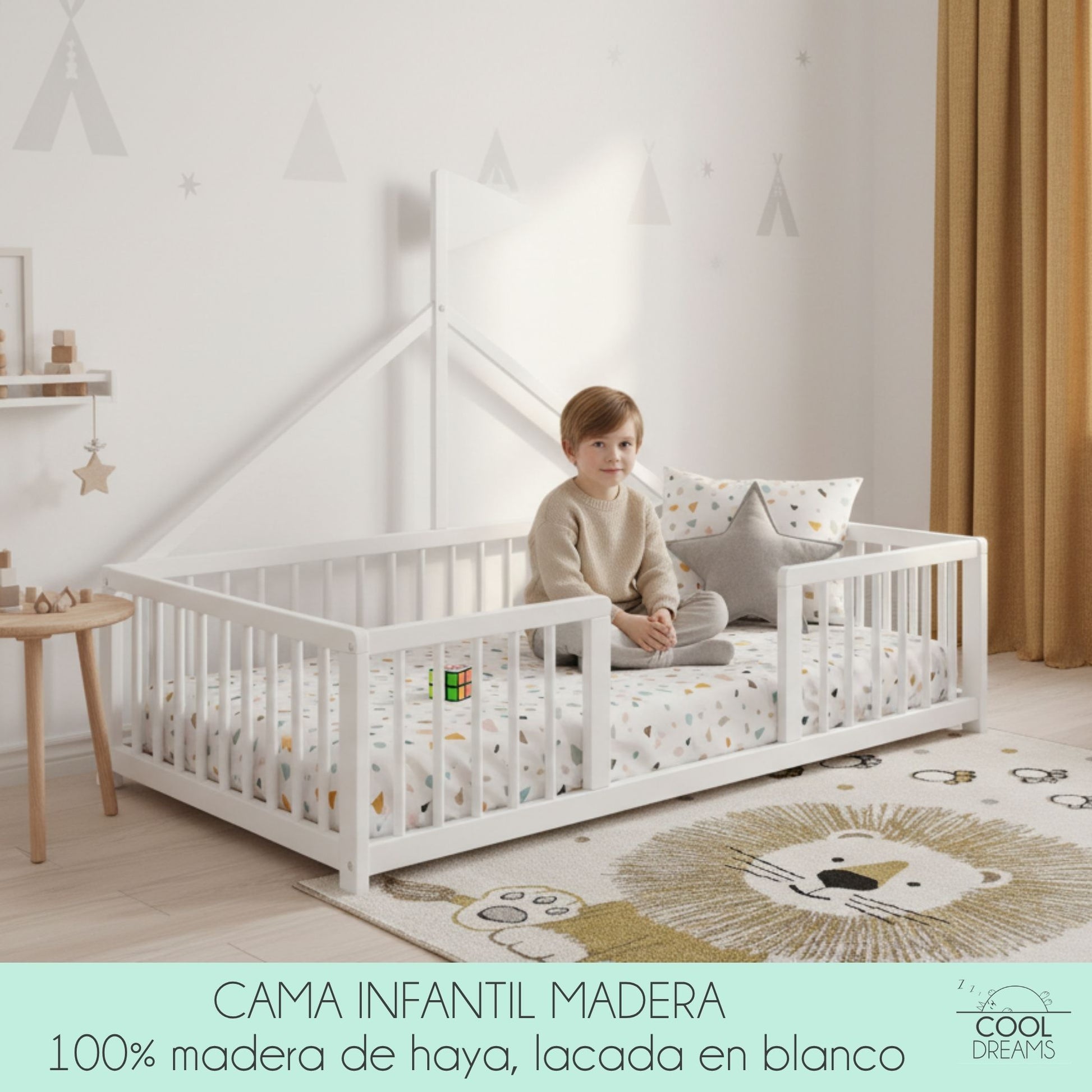 Cama Montessori Apache 140×70 Cm, Madera De Haya Con Colchón Morfeo Y Funda Impermeable, Color Blanco_4