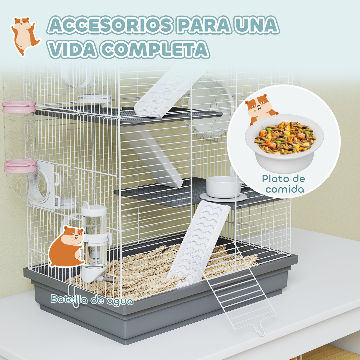 Pawhut Jaula Para Hámster Con Plataformas Rueda Túnel Comedero 47x30x70 Cm Gris_5