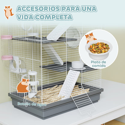 Pawhut Jaula Para Hámster Con Plataformas Rueda Túnel Comedero 47x30x70 Cm Gris_5