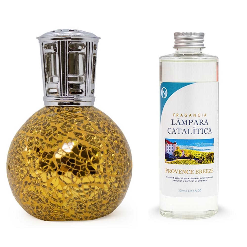 Lámpara Catalítica Mosaico Dorado + Aroma Provence Breeze 200 Ml - Elimina Malos Olores, Impurezas Y Perfuma_0