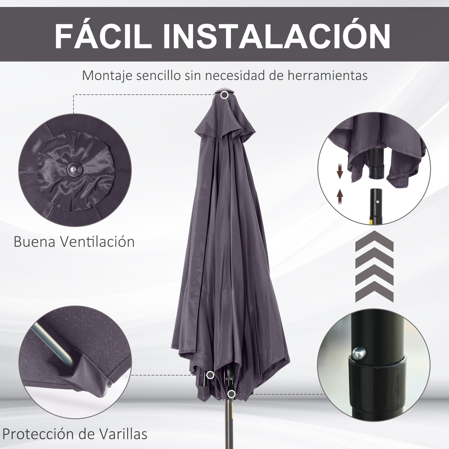 Outsunny Sombrilla De Jardín Ø260x235cm Reclinable Con Manivela 6 Varillas Gris_5