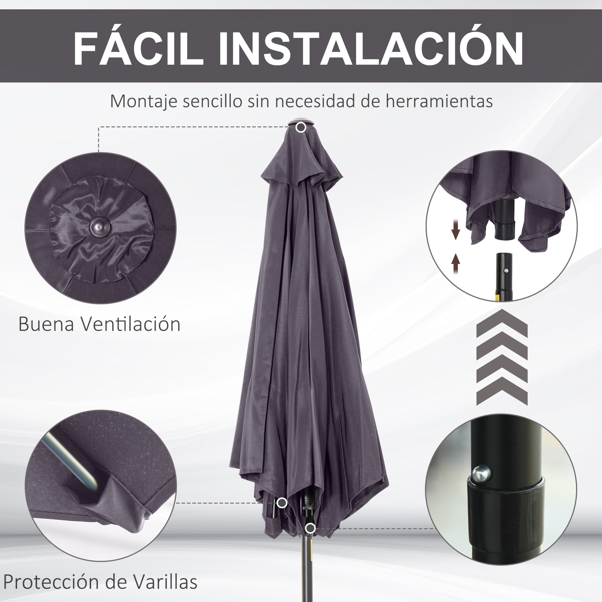Outsunny Sombrilla De Jardín Ø260x235cm Reclinable Con Manivela 6 Varillas Gris_5