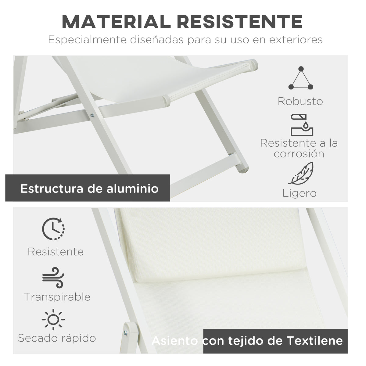 2 Tumbonas Plegables Outsunny Aluminio, Texteline Blanco 58x96,5x91,5 Cm_5