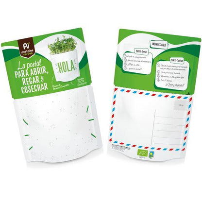 Postal autocultivo Hola germinados mostaza