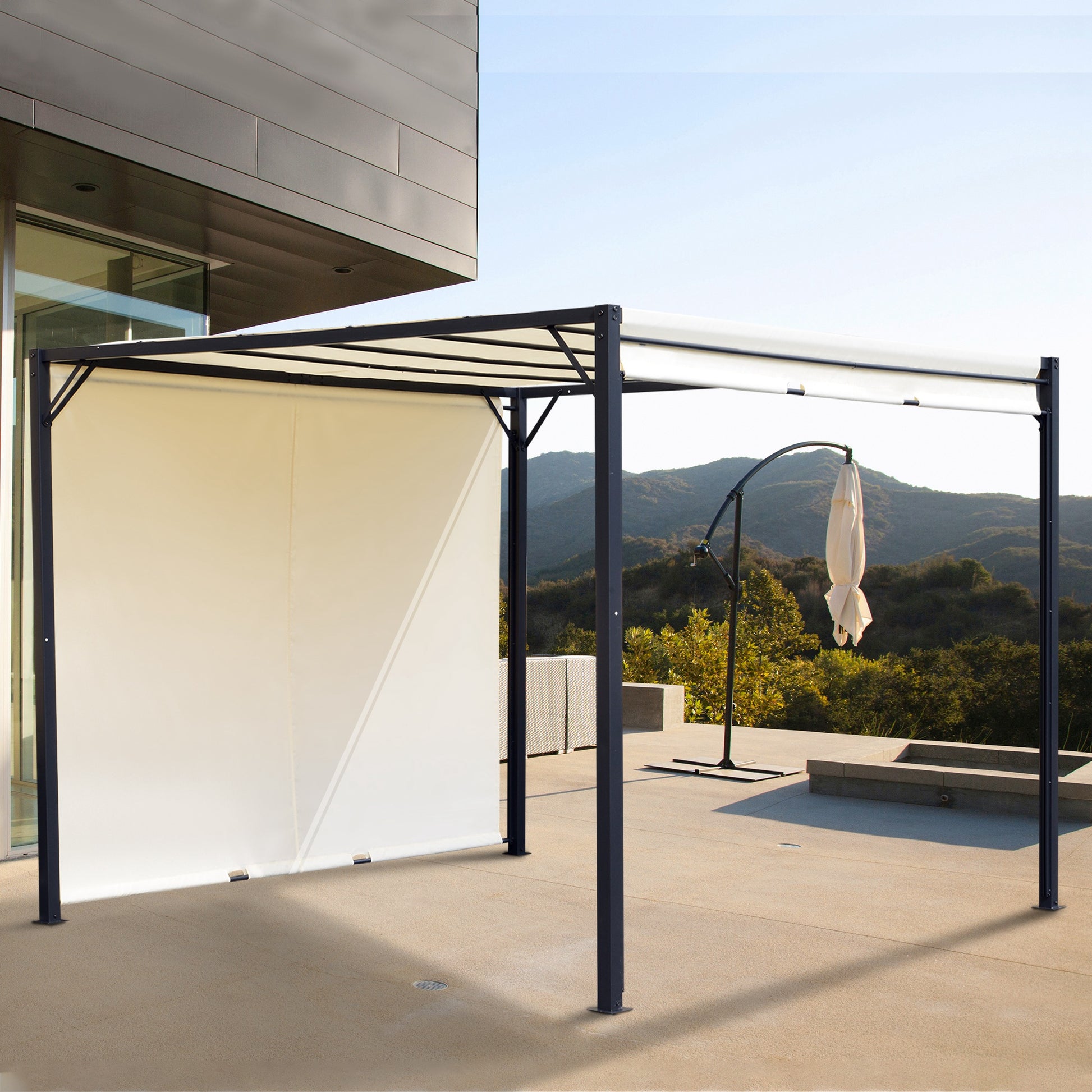 Outsunny Pérgola Gazebo Cenador Con Techo Retráctil Y Pared Lateral Acero_1