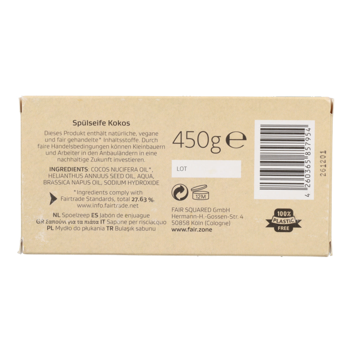 Jabón sólido para vajilla y superficies Coco Fair Squared 450g