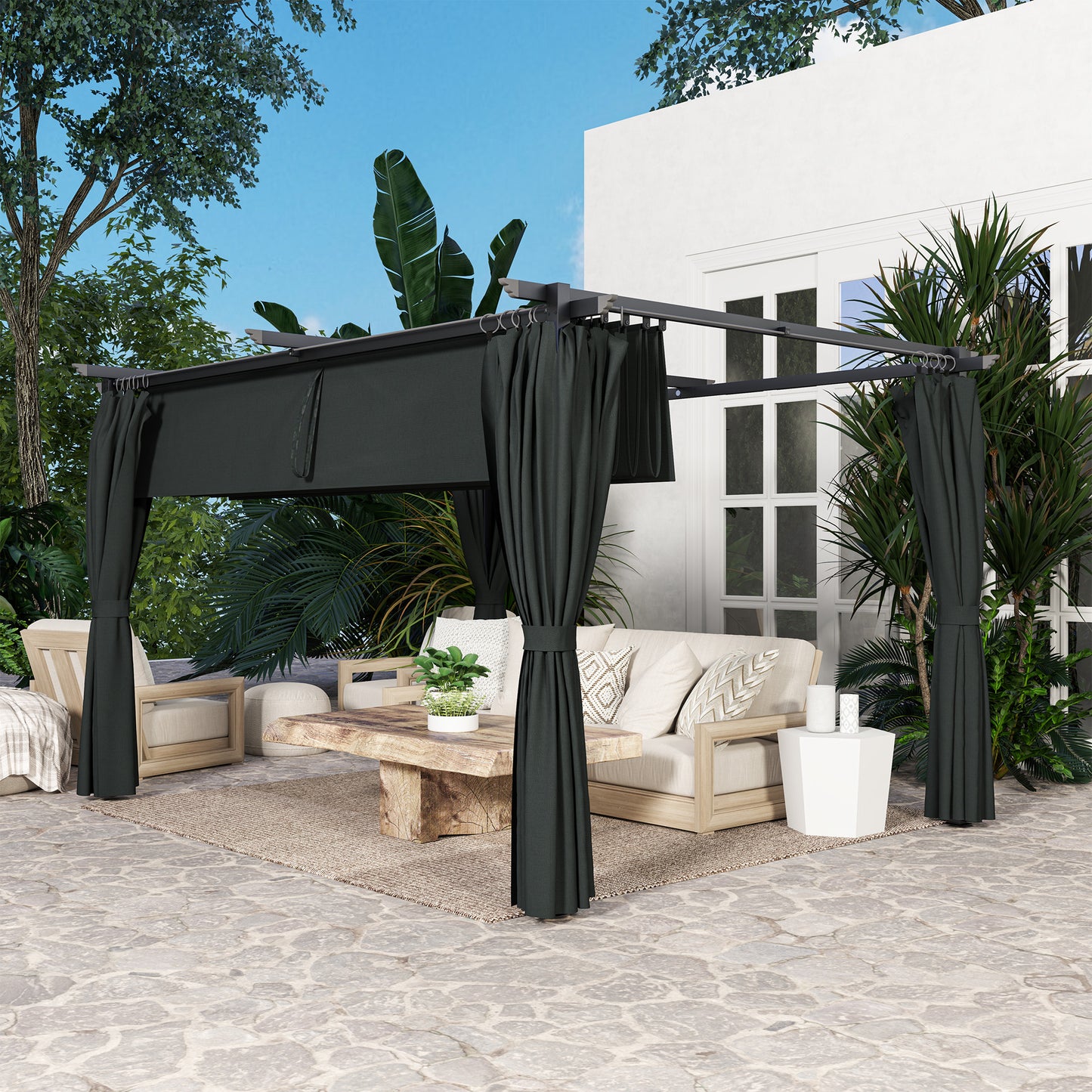 Outsunny Pérgola Con Techo Retráctil 4x3 M Paredes Laterales Anti-uv Gris Oscuro_4