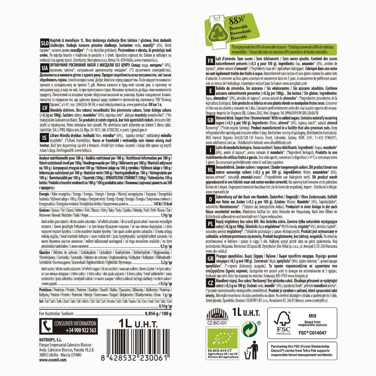 Bebida Vegetal de Almendra Natural sin azúcar BIO Ecomil 1 L