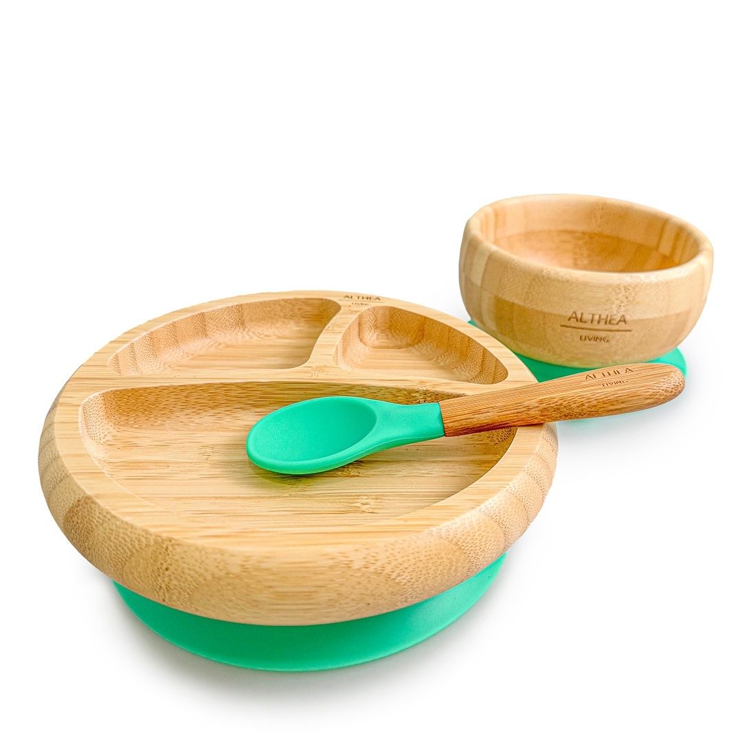 Vajilla De Bambú Natural - 3 Piezas - Verde Aguamarina.
