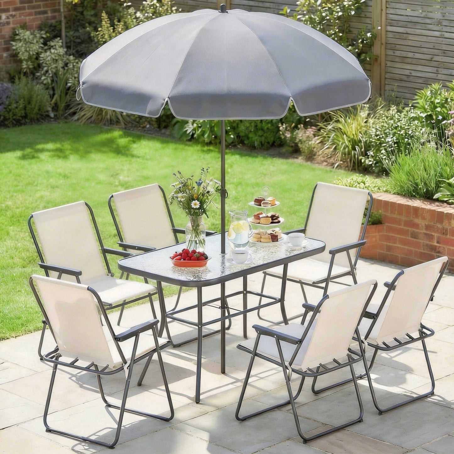 Outsunny Conjunto De Mesa Y Sillas Jardín De 8 Piezas Crema_3