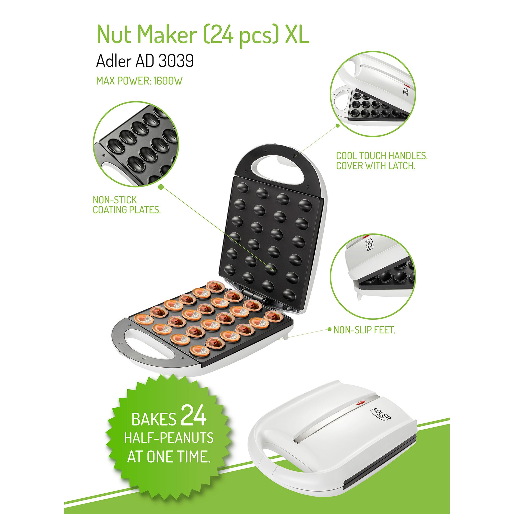 Hornillo Eléctrico Para 24 Galletas En Forma De Nuez, Placas Antiadherentes, Pastas Rellenas Adler Ad3039 Blanco_5