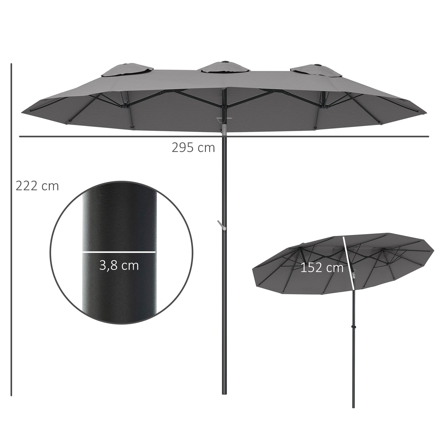 Outsunny Sombrilla Doble 3x1,5m Con Inclinación De 45° Manivela Gris_2