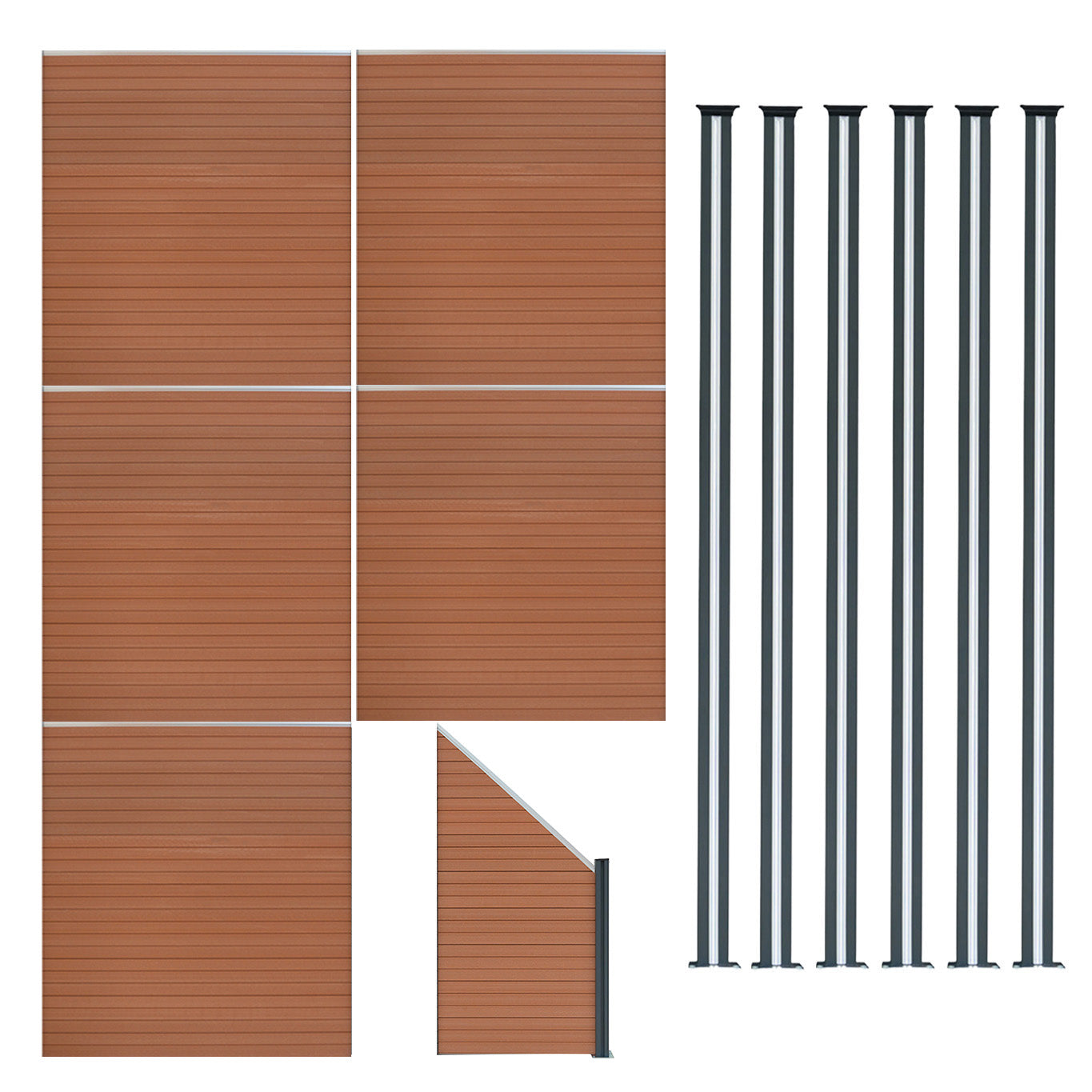Vallas Para Exteriores De Wpc Y Aluminio - 5x Paneles Cuadrados + 1x Oblicuo + 6x Postes Con Led | Marrón_0