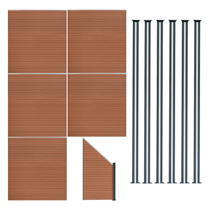 Vallas Para Exteriores De Wpc Y Aluminio - 5x Paneles Cuadrados + 1x Oblicuo + 6x Postes Con Led | Marrón_0