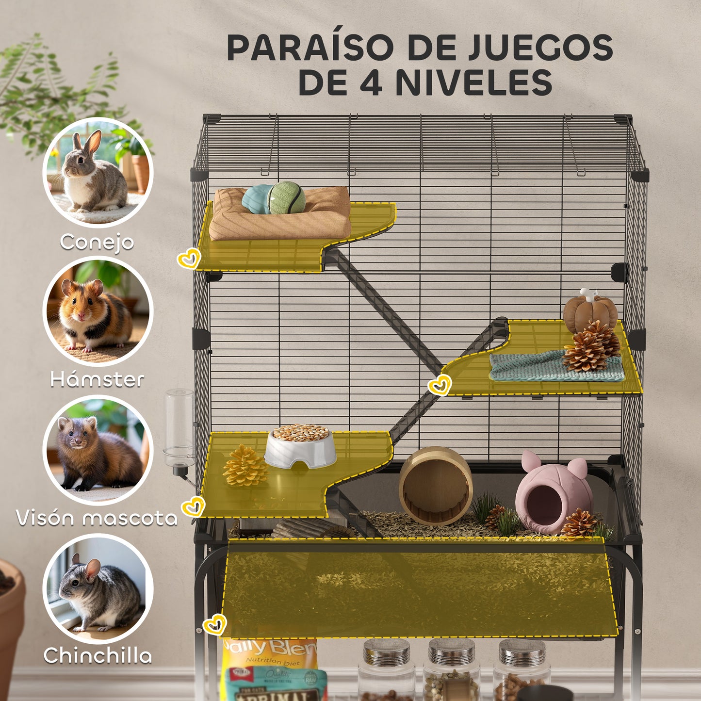 Pawhut Jaula Para Animales Pequeños De 4 Niveles Con Ruedas Bandeja Negro_3