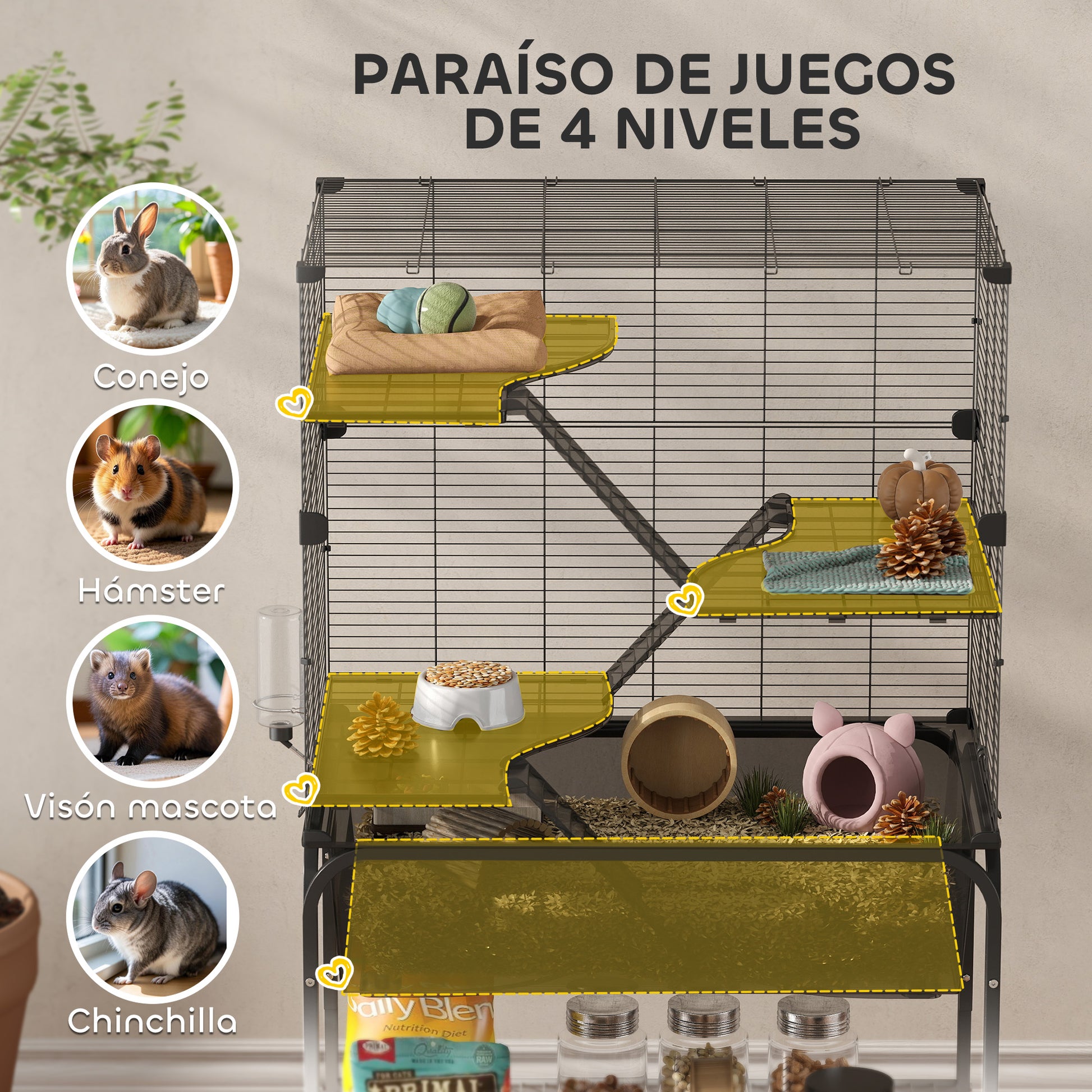 Pawhut Jaula Para Animales Pequeños De 4 Niveles Con Ruedas Bandeja Negro_3