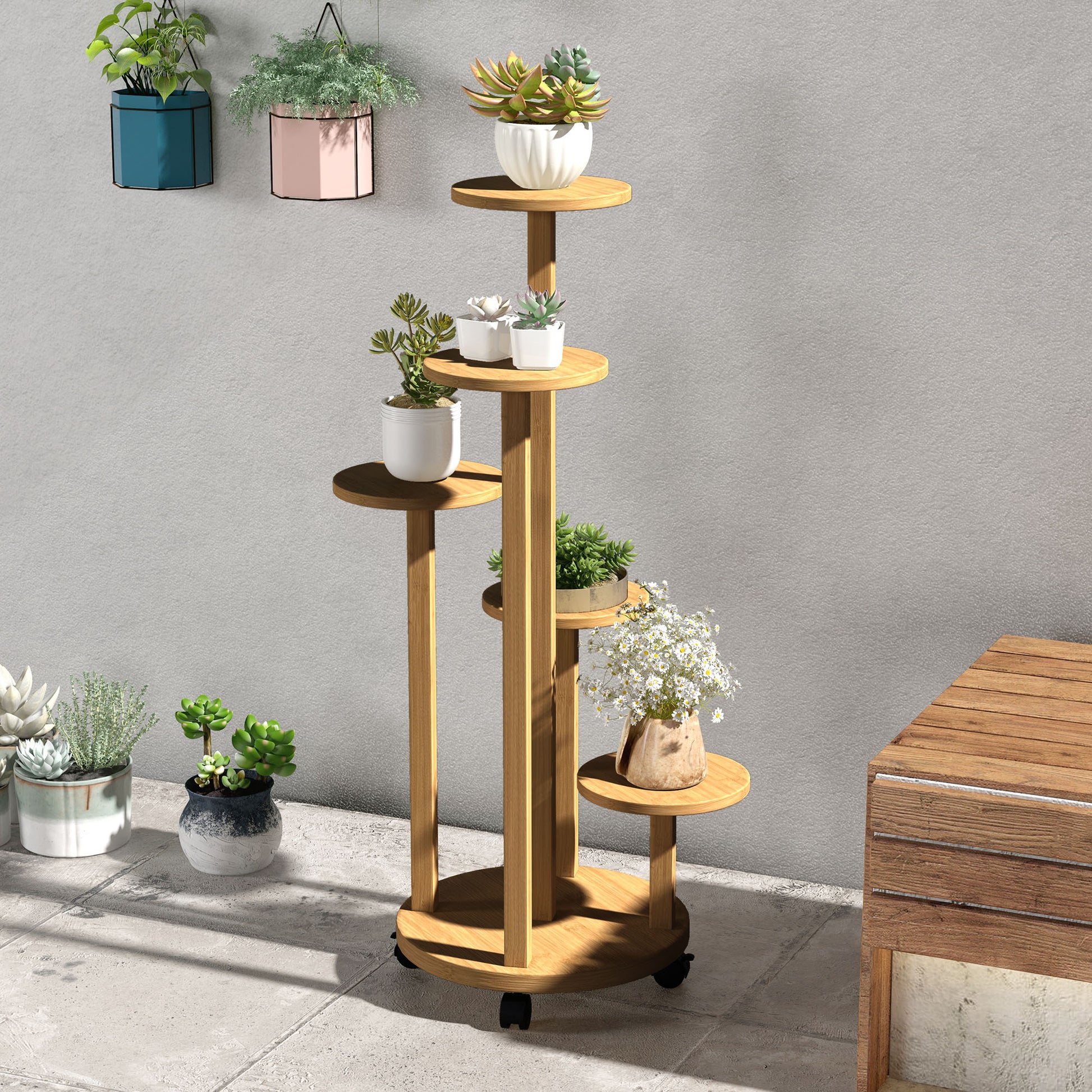 Outsunny Soporte Para Plantas De Bambú Con Ruedas 5 Niveles 33x33x90 Cm Natural_3