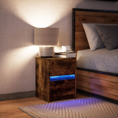 Mesita De Noche Con Luces Led Madera Ingeniería Roble Ahumado_3