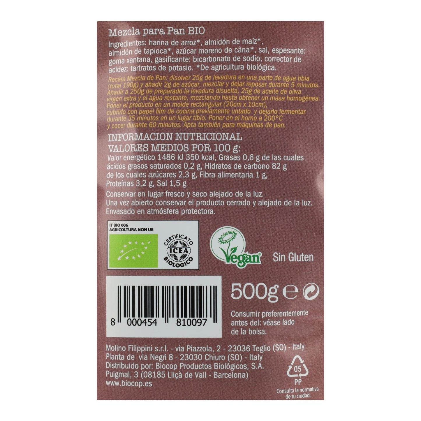 Preparado de Harinas Sin Gluten BIO para hacer Pan Biovitagral 500 g