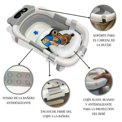 Bathby Bañera Plegable Para Bebés Recién Nacidos, Cojín Oso, Termómetro, Patas Antideslizantes (gris Oso)