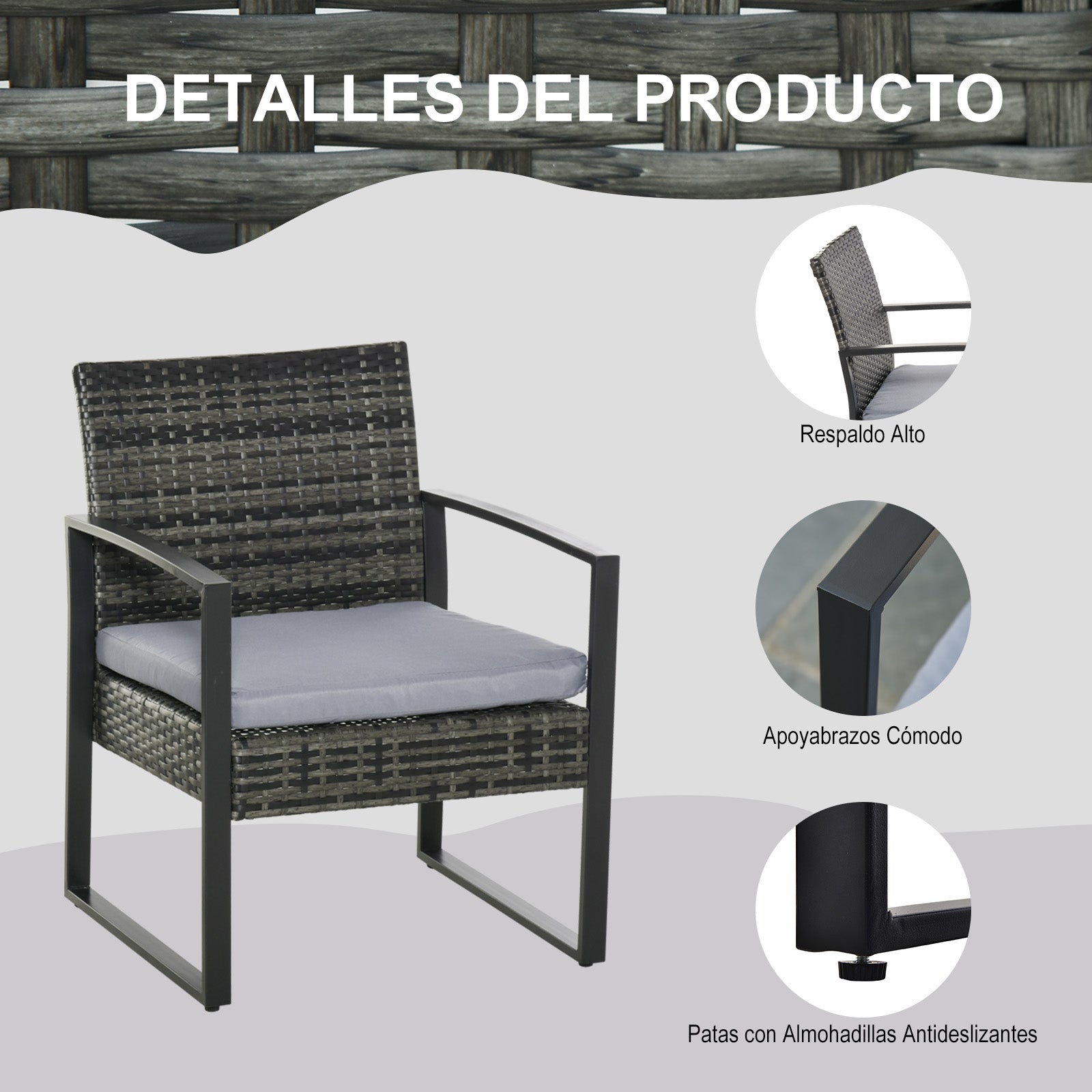 Outsunny Conjunto De Mesa Y Sillas De Jardín Para Exterior De 3 Piezas Gris_5
