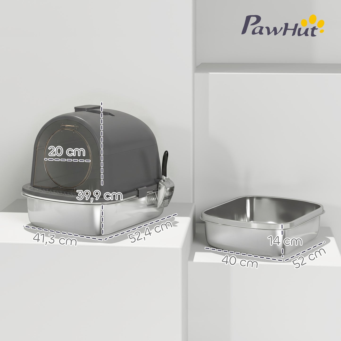 Pawhut Arenero Para Gatos Cubierto De Acero Inoxidable Con Pala Gris Oscuro_2