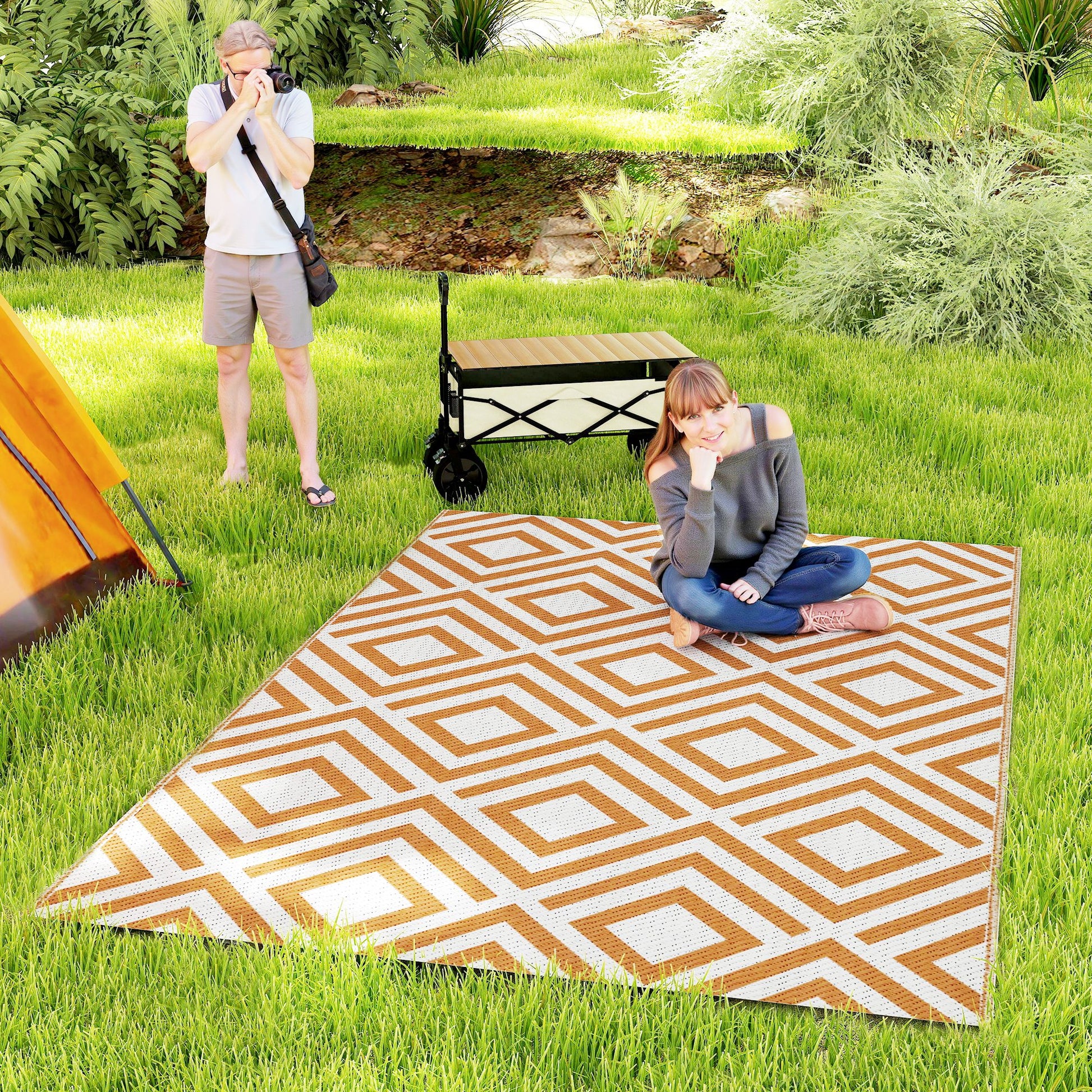 Outsunny Alfombra Exterior Reversible 182x274cm Para Terraza Balcón Patio Rojo_0