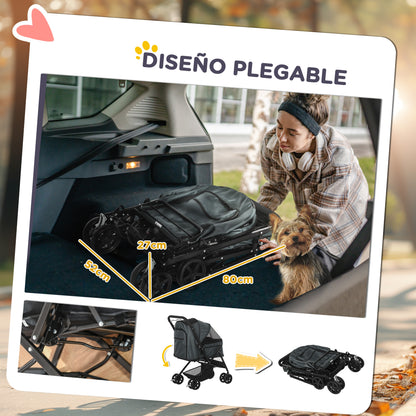 Pawhut Cochecito Para Mascotas Plegable Con Toldo Ajustable 76,5x52x95 Cm Gris_4